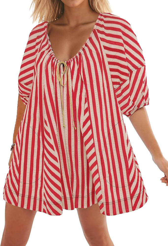 Women Striped Summer Dress with Pockets Casual Loose Puff Sleeve Mini Dress Adjustable V Neck Ove... | Amazon (US)