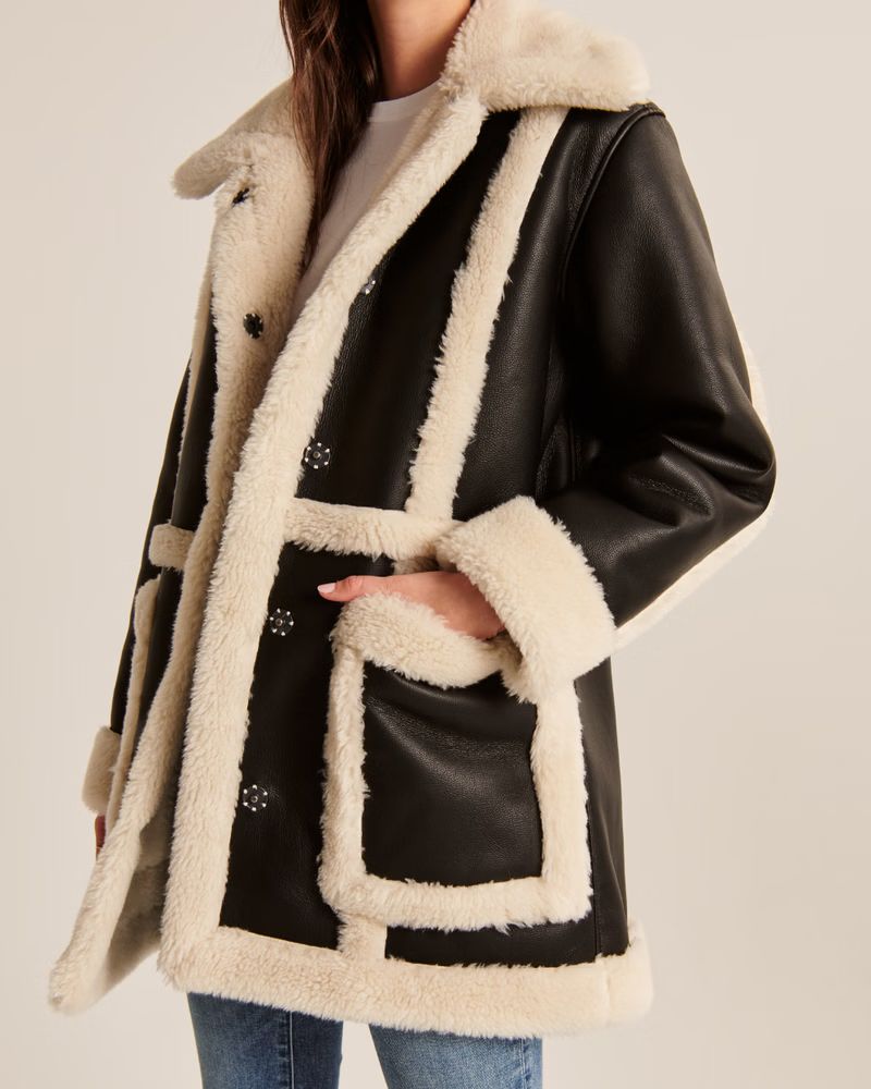 Oversized Sherpa-Lined Vegan Leather Coat | Abercrombie & Fitch (US)