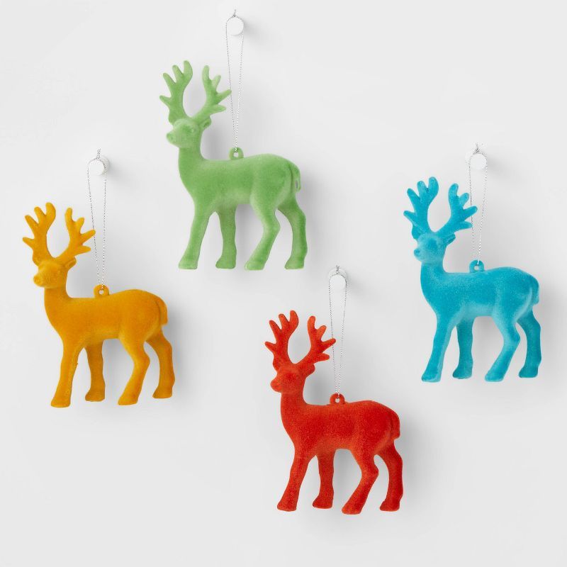 4ct Flocked Deer Christmas Tree Ornament Set Blue/Green/Yellow/Red - Wondershop™ | Target