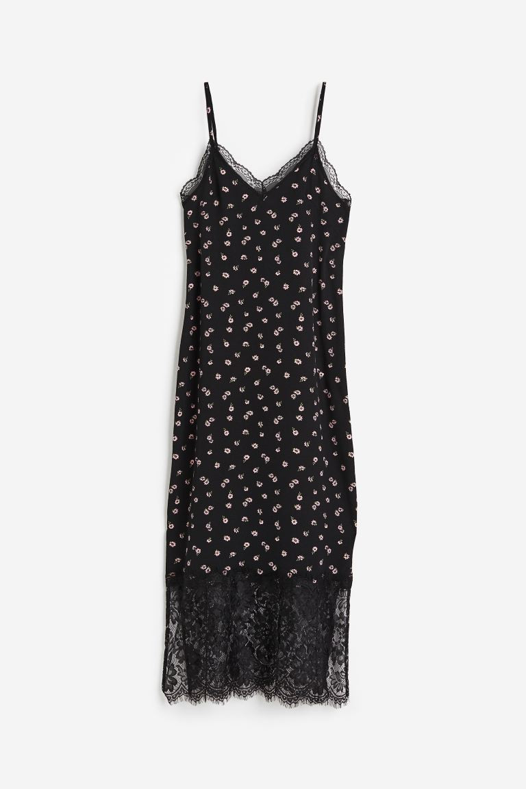 Lace-trimmed Crêped Slip Dress - V-neck - Sleeveless - Black/floral - Ladies | H&M US | H&M (US + CA)