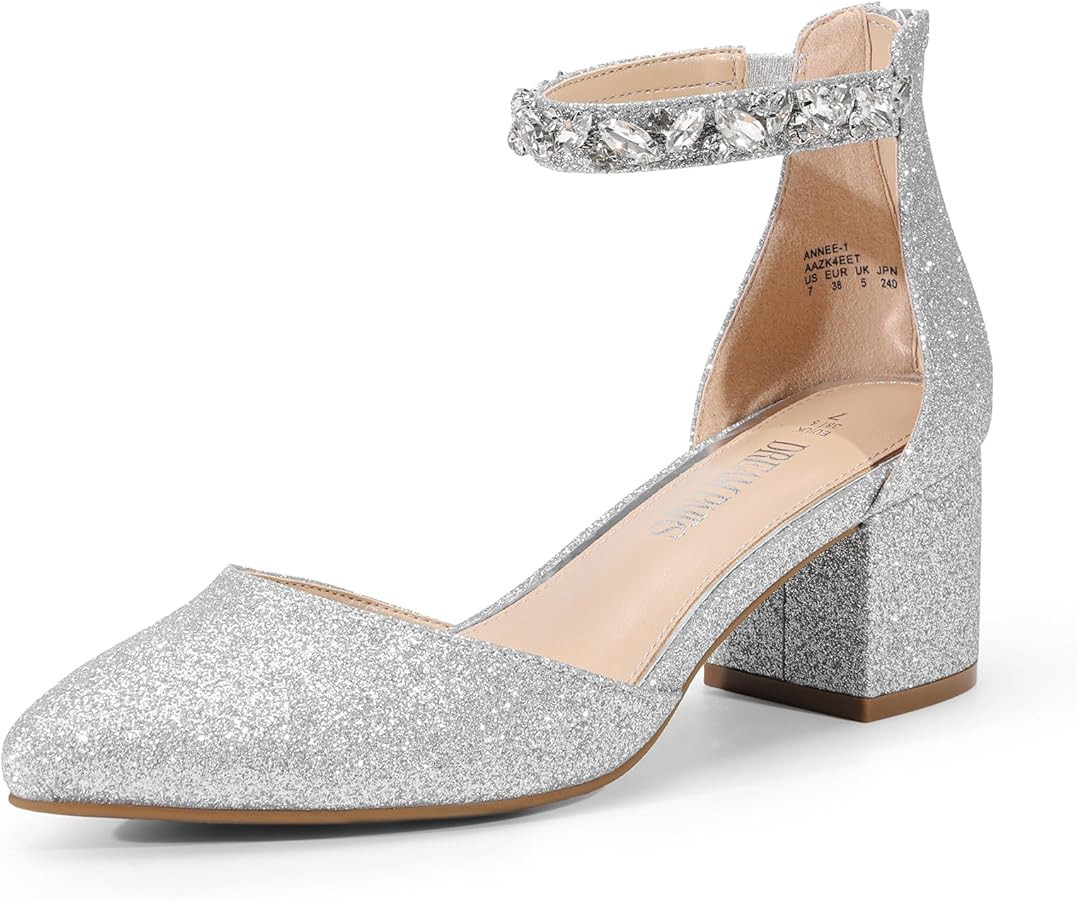 DREAM PAIRS ANNEE Heels Pumps Rhinestone Closed Toe Block Chunky Shoes | Amazon (US)