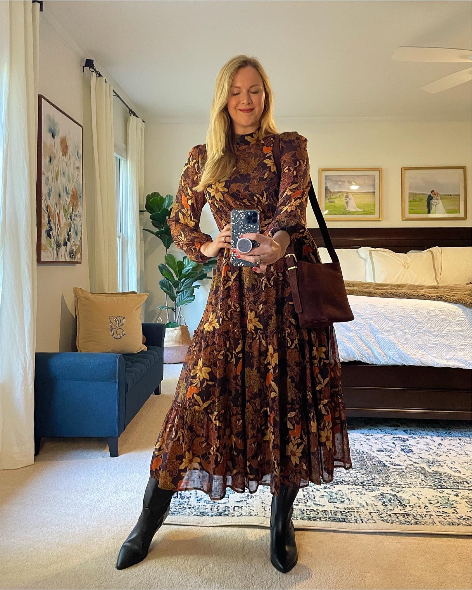 The prettiest brown floral dress for Thanksgiving and the holidays.

Sleeves are sheer and the rest of it is lined.

I got my normal size.

Midi fall dress, thanksgiving outfit, holiday party outfit, thanksgiving dress, family photo dress

#LTKSeasonal #LTKHoliday