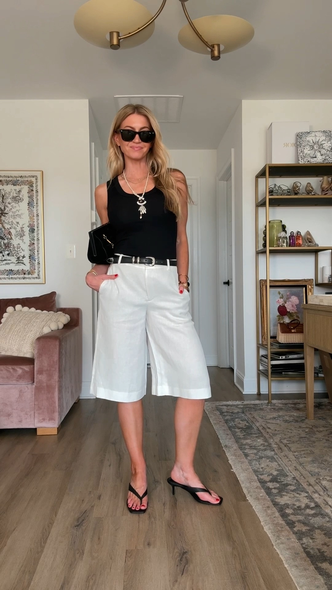 Date night outfit idea. 

Linen long trouser shorts: TTS, wearing 4, on SALE now during the private sale. 

Black tank: TTS,  wearing a S, ON SALE

Black kitten heel sandals: TTS, so comfortable.

#LTKgrwm #LTKootd #LTKSaleAlert