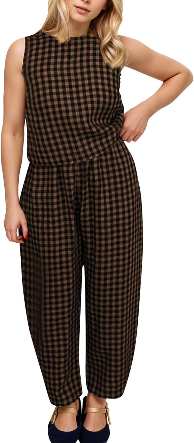 Striped 2 Piece Lounge Pants Sets for Women Y2k Gingham Outfits Sleeveless Tank Top and Wide Leg ... | Amazon (US)