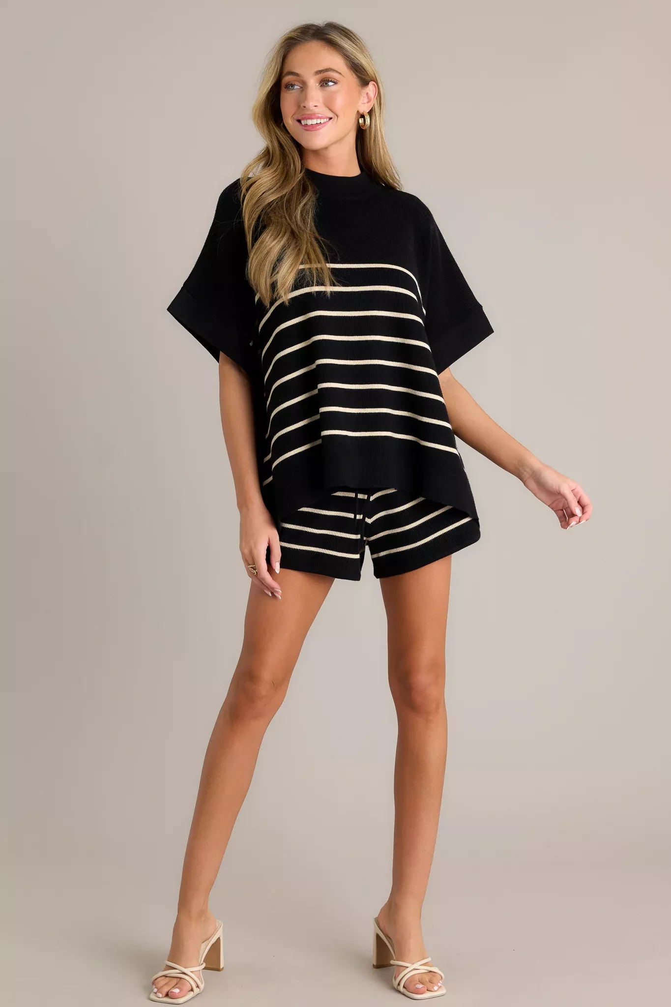 Serene Knit Black Stripe Poncho Sweater Top | Red Dress