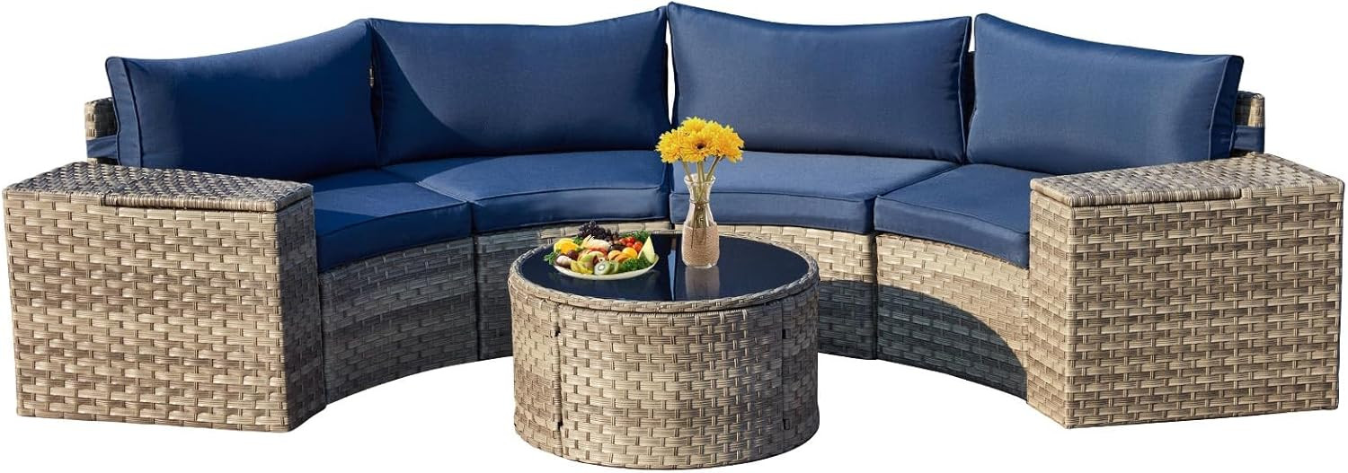 7 Piece Outdoor Half Moon Furniture, Wicker Patio Sectional Conversation Set with 2 Storage Armre... | Amazon (US)
