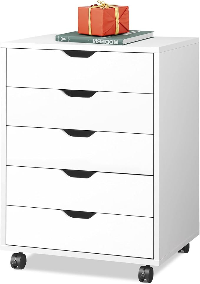 DEVAISE 5-Drawer Chest, Wood Storage file Cabinet with Wheels, White | Amazon (US)