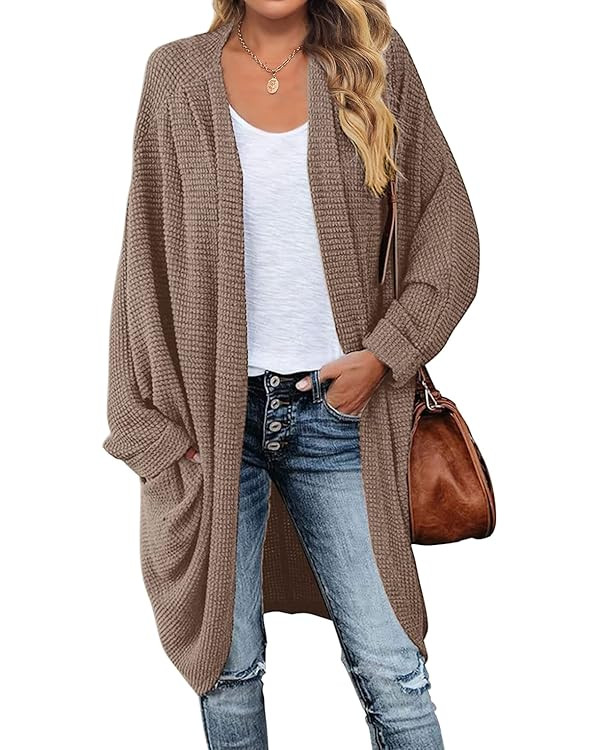 MEROKEETY Women's 2025 Fall Waffle Knit Batwing Long Sleeve Cardigan Loose Open Front Sweater Coa... | Amazon (US)