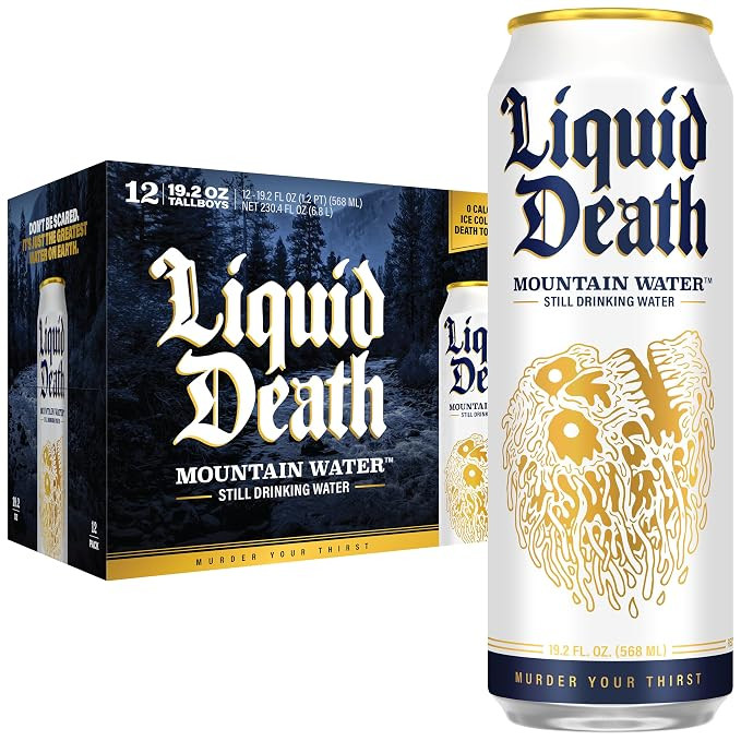 Liquid Death Still Mountain Water, Real Mountain Source, Ice-Cold Cans, Infinitely Recyclable, Ki... | Amazon (US)