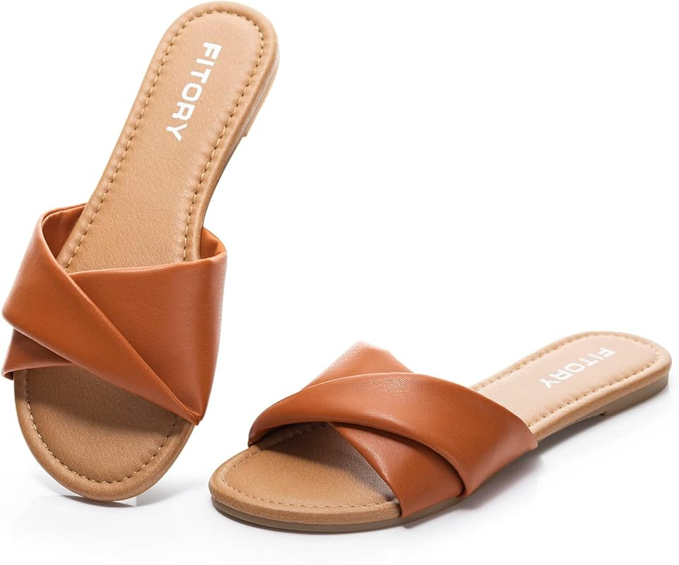 FITORY Women's Flat Sandals Fashion Slides With Soft Leather Slippers for Summer Size 6-11 | Amazon (US)