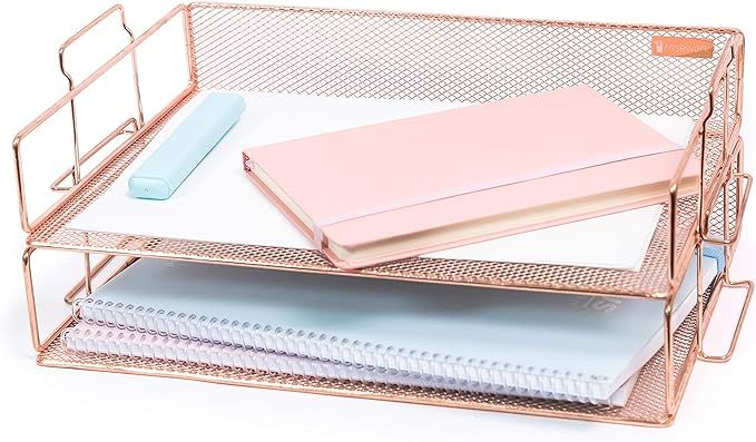Rosework Rose Gold Letter Tray - 2 Tier Rose Gold Desk Organizer for Women, Stackable Paper Tray ... | Amazon (US)