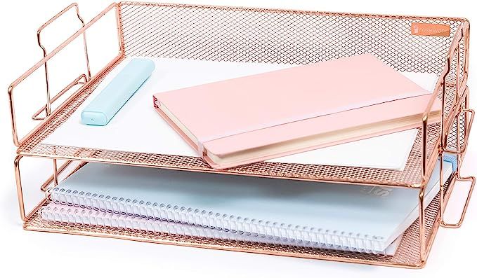 Rosework Rose Gold Letter Tray - 2 Tier Rose Gold Desk Organizer for Women, Stackable Paper Tray ... | Amazon (US)