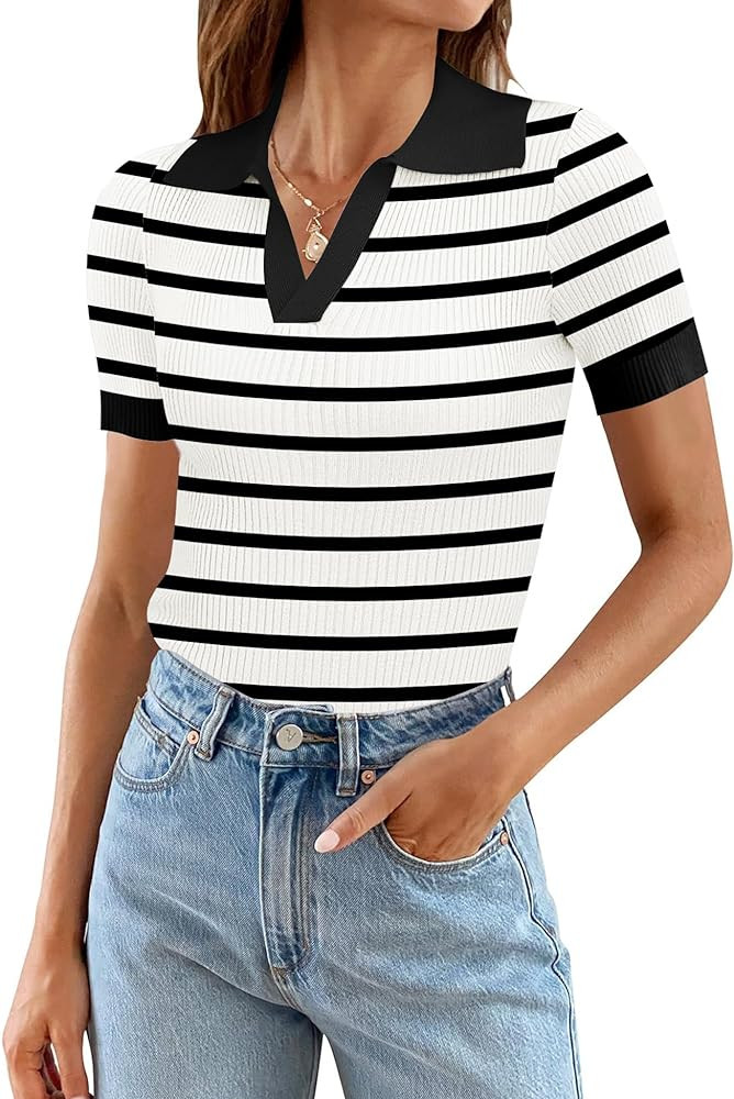 Ivicoer Womens 2024 Summer V Neck Short Sleeve T Shirts Slim Fitted Ribbed Knit Casual Tee Tops | Amazon (US)