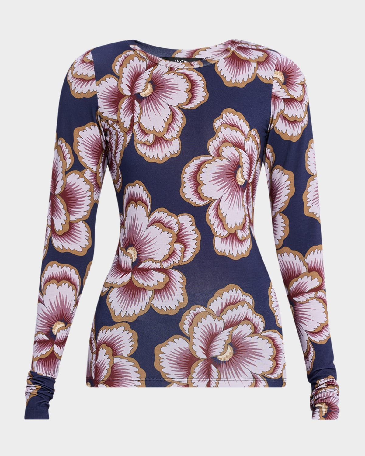 Floral Scrunch-Sleeve Crewneck Top | Neiman Marcus