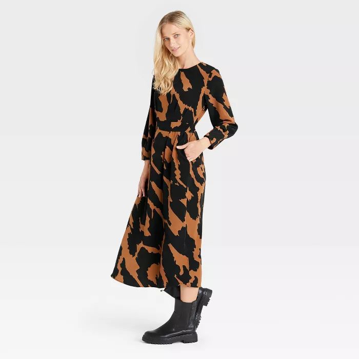 Women's Long Sleeve Belted Dress - Who What Wear™ Dark Brown Leopard Print | Target