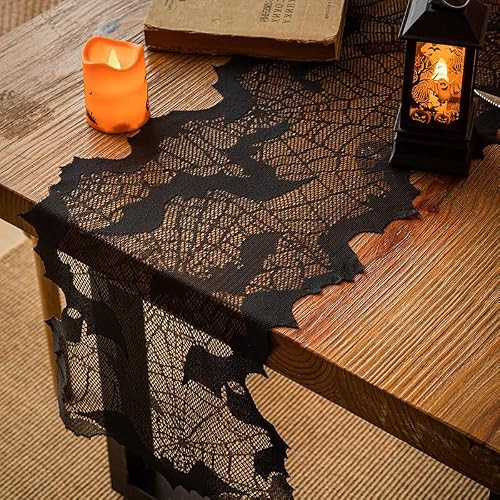 Halloween Table Runner, Black Lace Bat Web Table Runners for Halloween Table Decor, Creepy Table Cloth for Halloween Party Dinner Table Decoration 13 x 70Inch | Amazon (US)