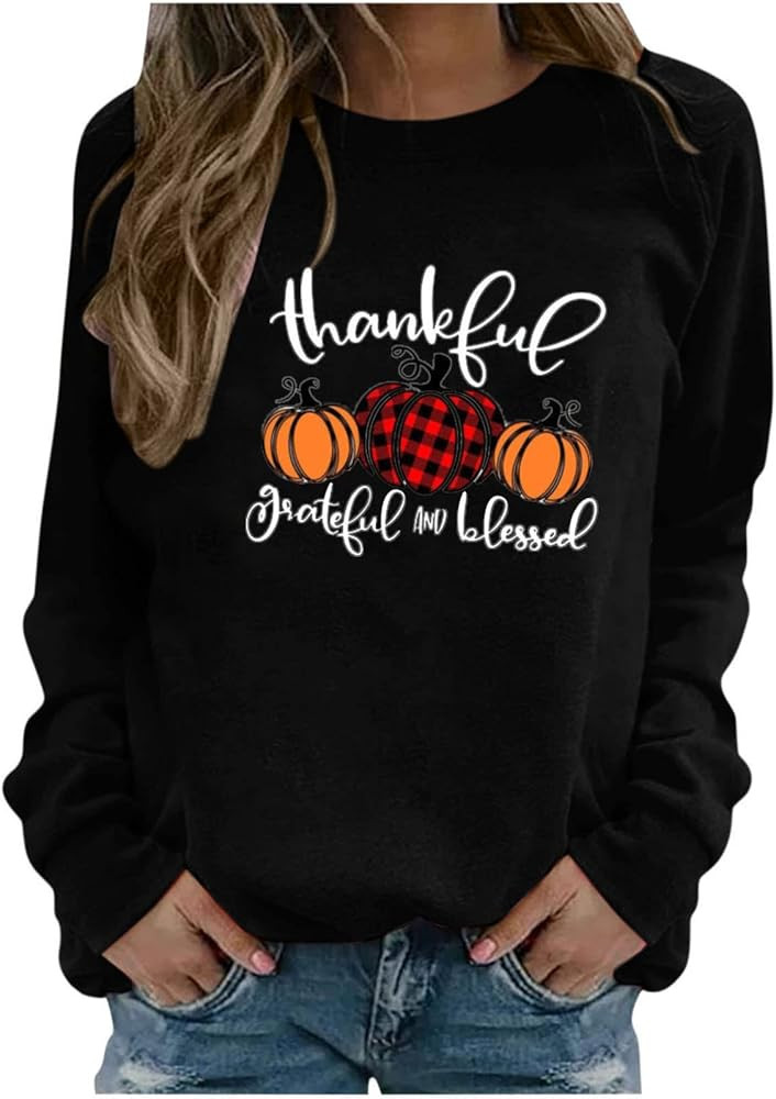 Thanksgiving Shirts for Women Tops Blouse Thakful Gratefull Blessed Fall Sweaters Clothes Pumpkin Gr | Amazon (US)