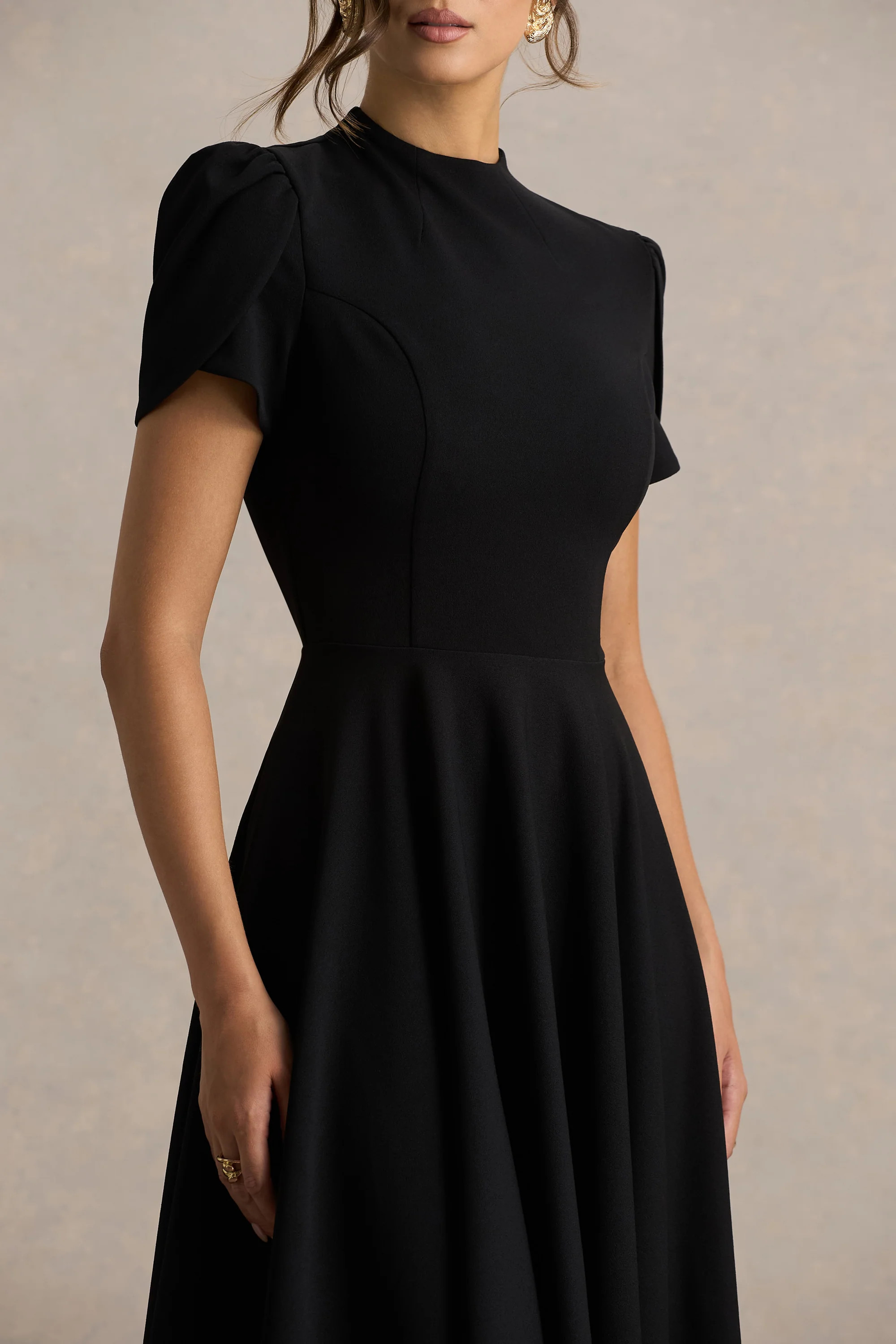 Vicky | Black High Neck Midi Dress With Puff Sleeves | Club L London