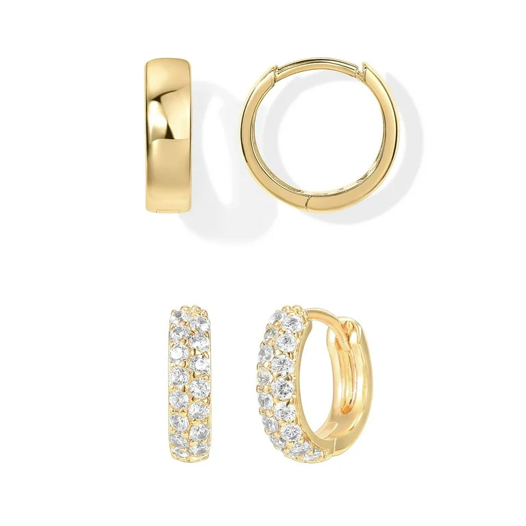 PAVOI Women's 14K Gold Plated Huggies, Cubic Zirconia & Plain, 925 Sterling Silver Posts, 2 Pack | Walmart (US)