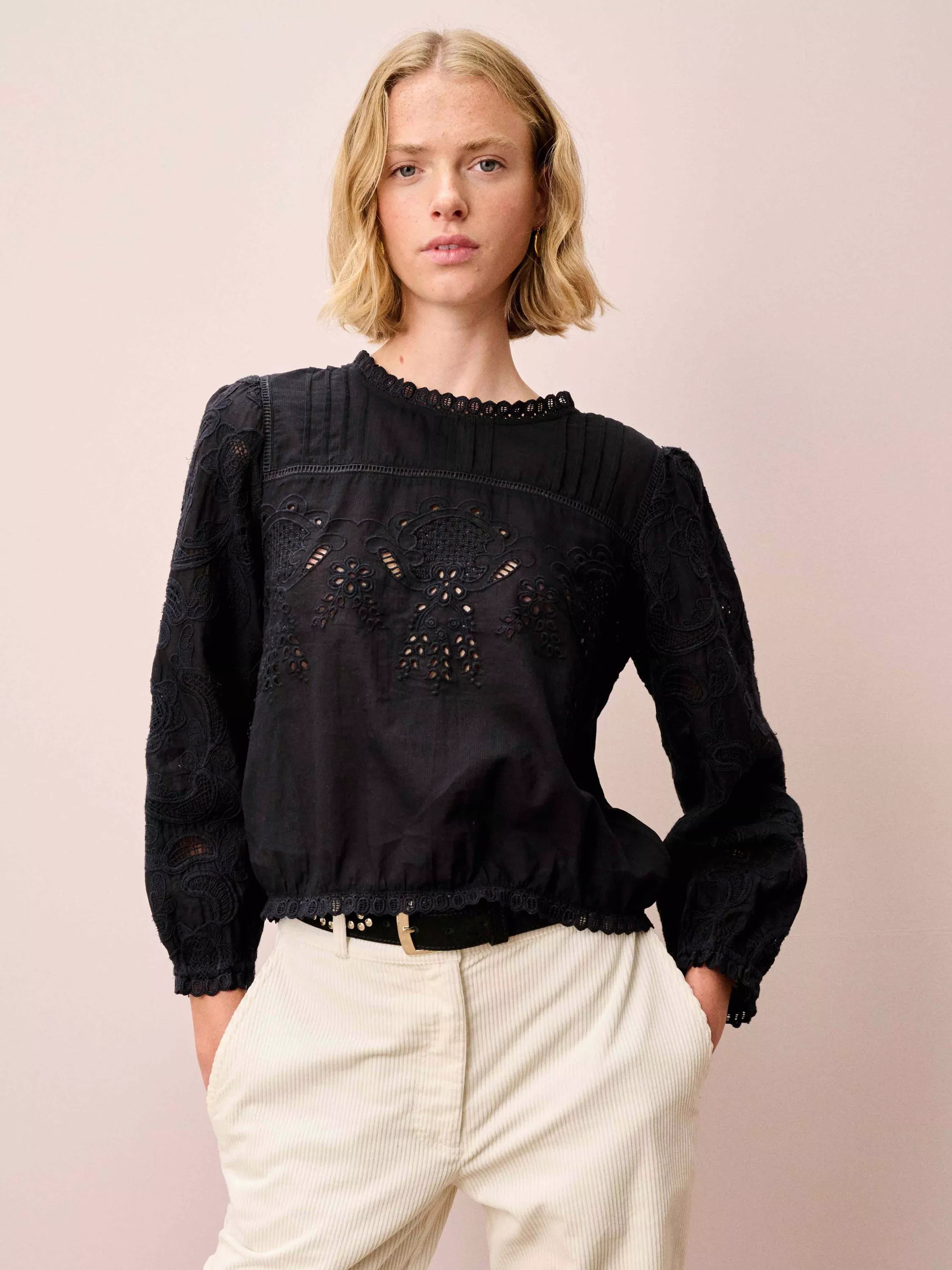 Brora Floral Broderie Anglaise Top, Black | John Lewis (UK)