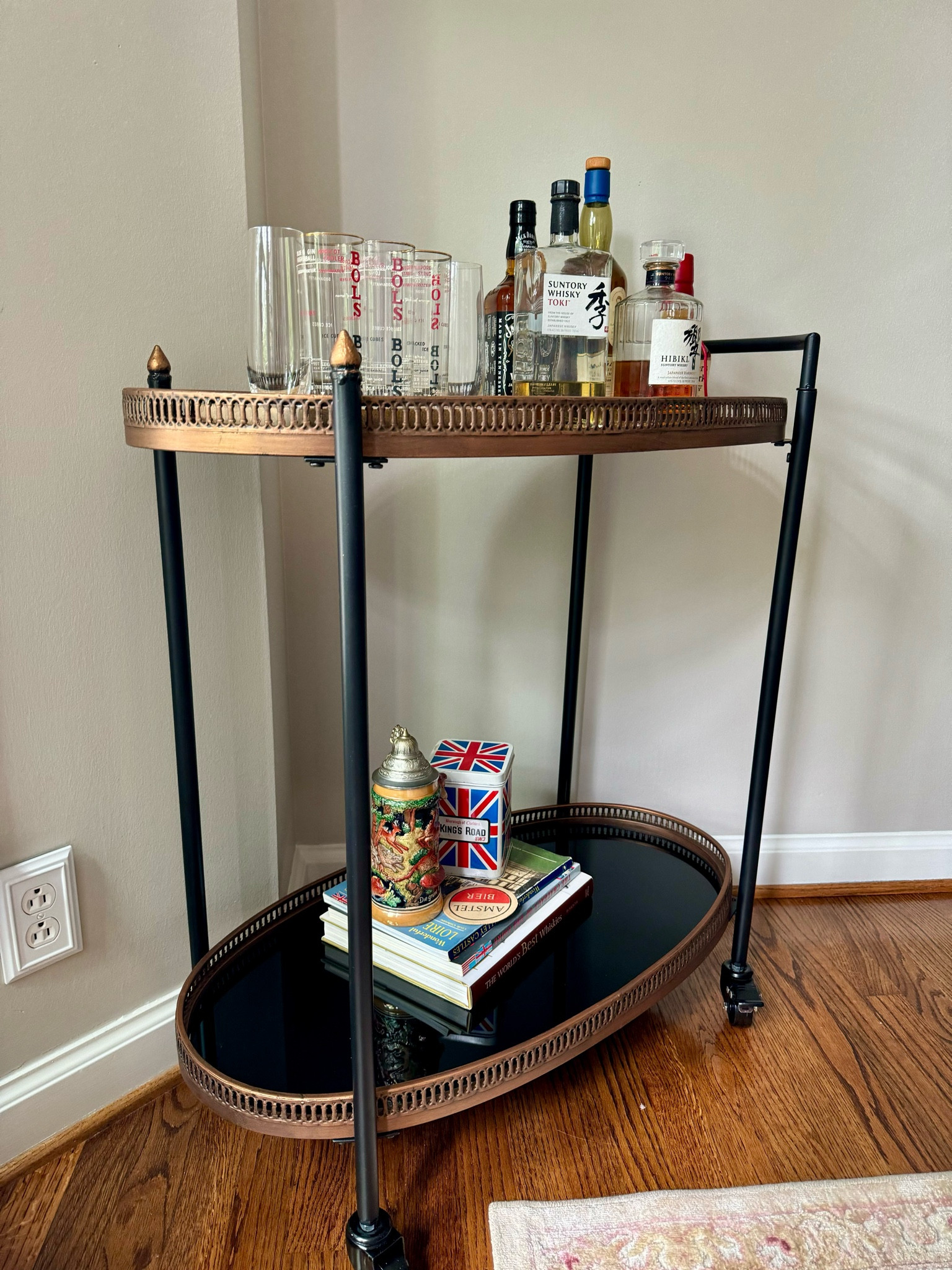 Bar cart, antique bar, antique bar cart, antique dining room, dining room, black metal, brass bar cart, bar styling, cocktails, champagne cart, dining room, dining room styling