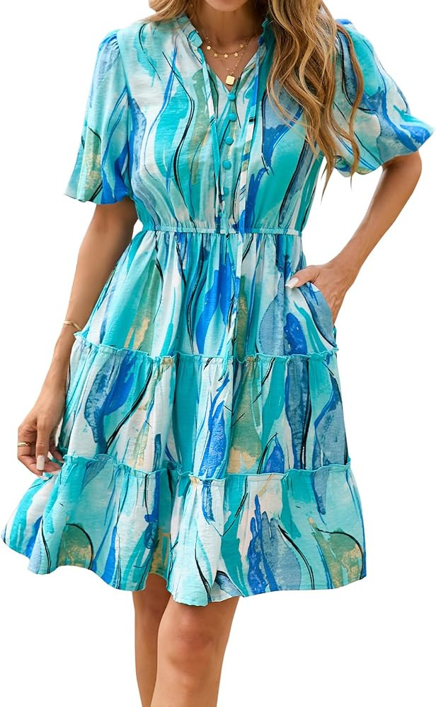 BTFBM Women Summer Floral Short Dresses V Neck Short Sleeve Tiered Ruffle Boho Swing Dress A-Line... | Amazon (US)