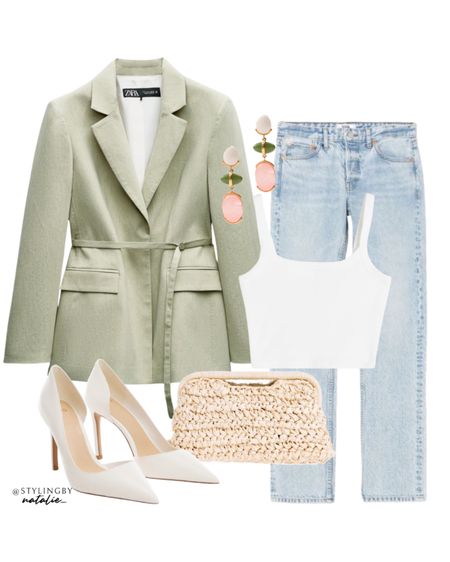 Zara blazer, mid rise jeans, raffia clutch bag, white heels & strappy crop top. 
Spring summer outfit, going out outfit, weekend outfit, date night.

#LTKstyletip #LTKSeasonal #LTKparties