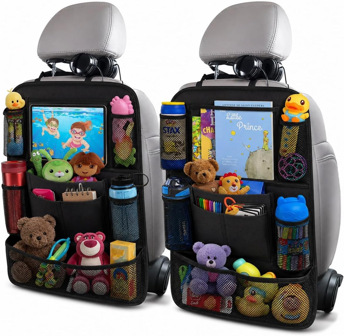 ULEEKA Car Backseat Organizer with 10" Table Holder, 9 Storage Pockets Seat Back Protectors Kick Mats for Kids Toddlers, Travel Accessories, 2 Pack (Black) | Amazon (US)