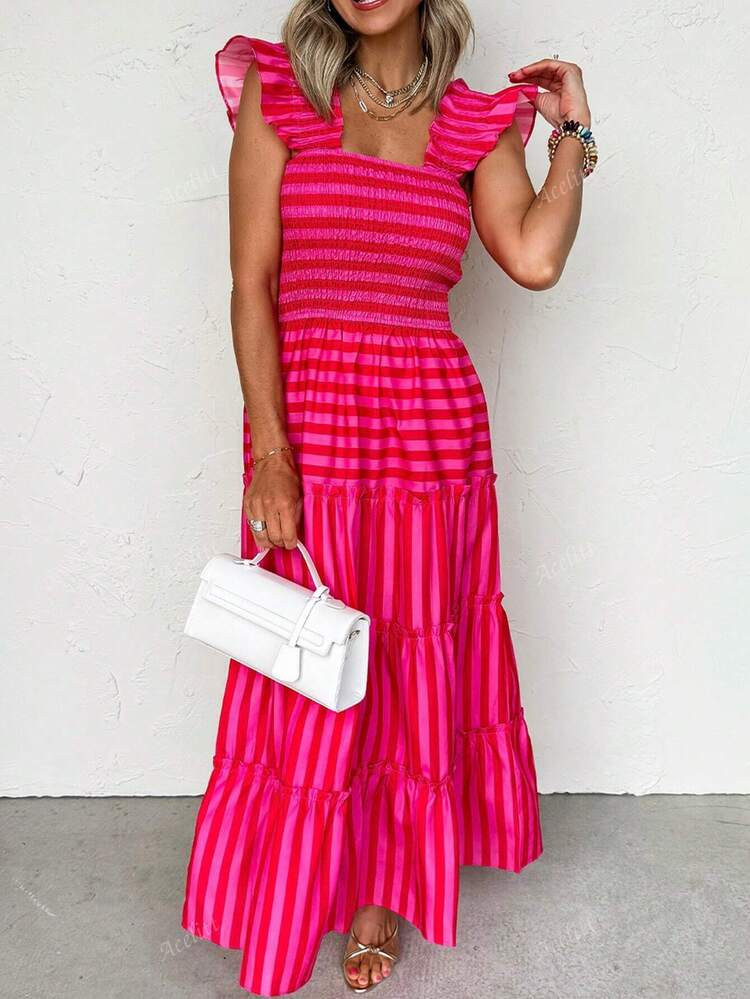 Acelitt Rose Stripe Flutter Sleeve Smocked Bodice Tiered Maxi Dress | SHEIN