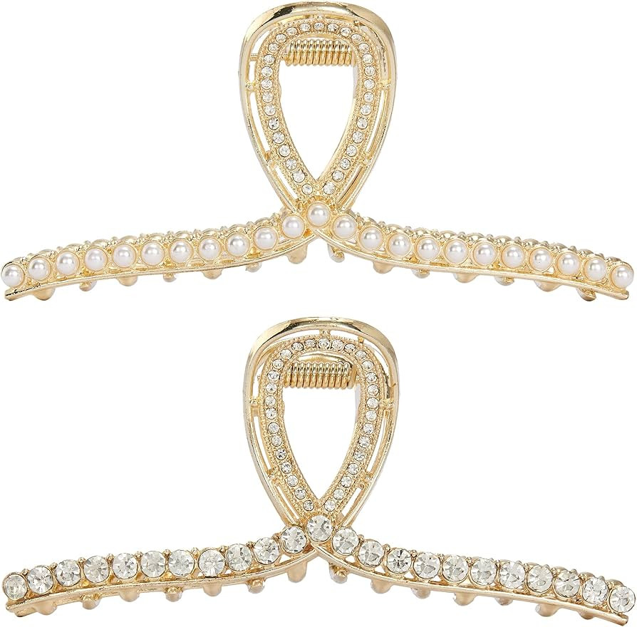 Metal Hair Clip, 4.4 Inch Large Hair Claw Clip with Rhinestone & Artificial Pearls, Hair Jaw Clip... | Amazon (US)