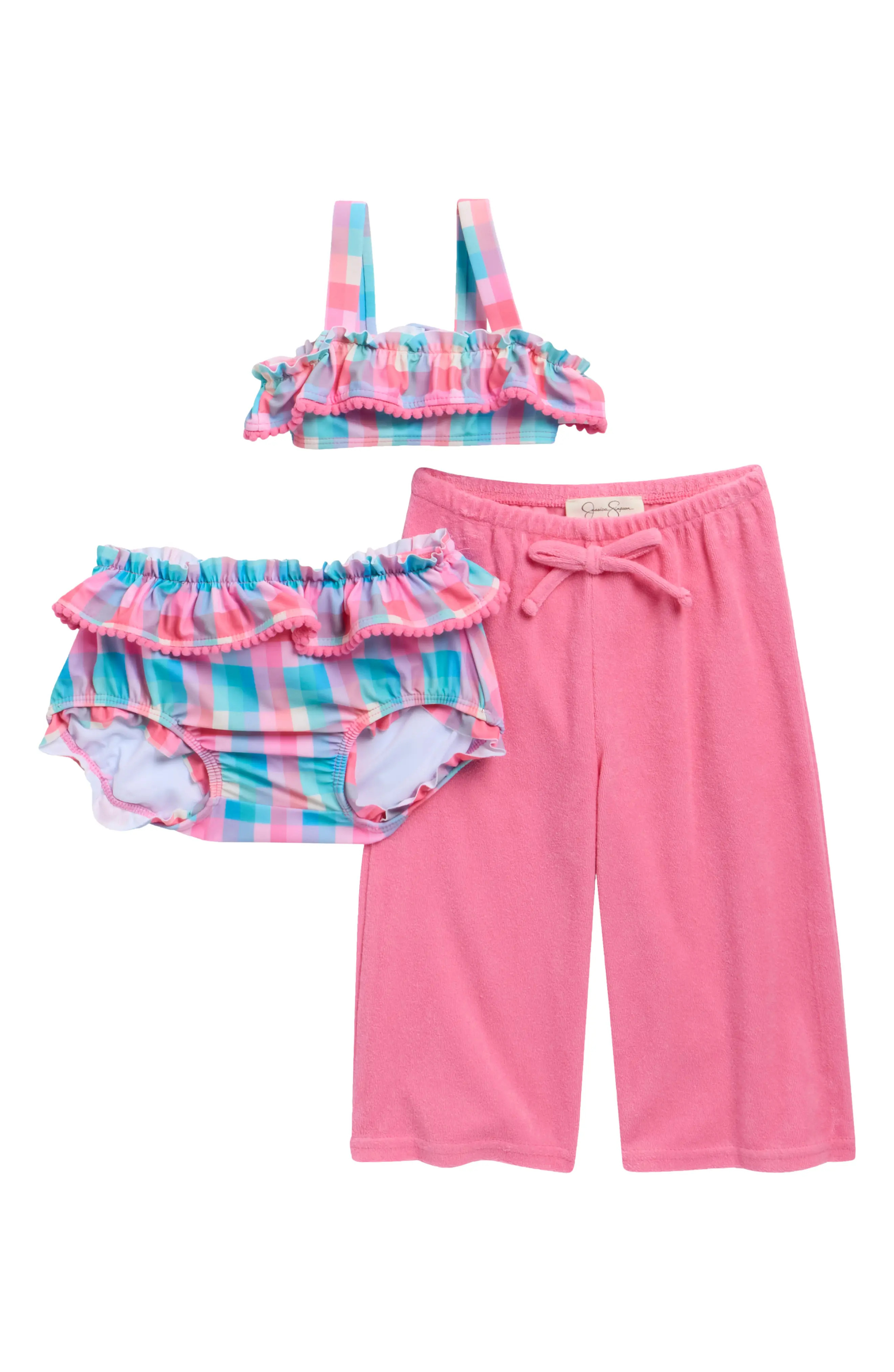 Jessica Simpson Two-Piece Swimsuit & Terry Cover-Up Pants Set in Pink at Nordstrom Rack, Size 18M | Nordstrom Rack