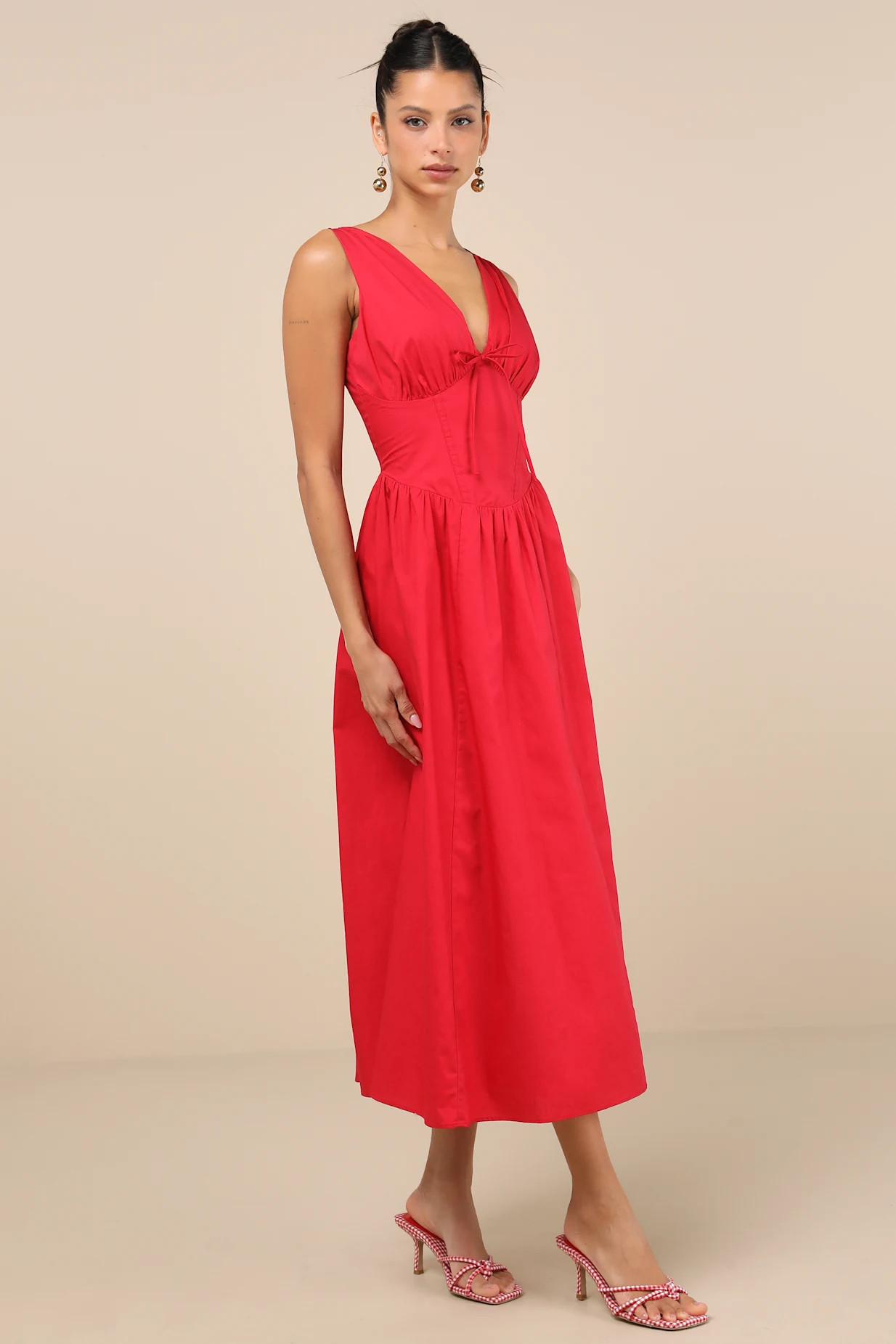 Lettie Red Poplin Plunge Neck Midi Dress | Lulus