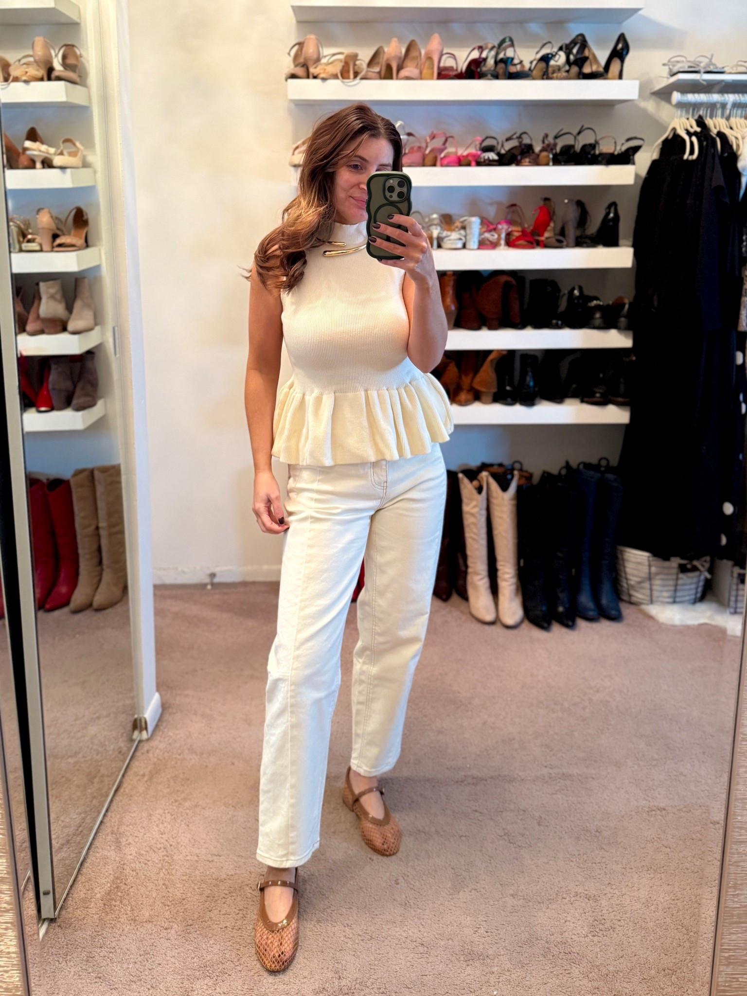 Casual spring outfit, sleeveless peplum sweater (wearing a size medium), off white barrel leg jeans (wearing a size 2), brown mesh ballet flats, forest green clutch, gold jewelry, casual outfit, spring outfit, easy outfit, elevated basics, style on a budget 

#LTKSeasonal #LTKSaleAlert #LTKootd