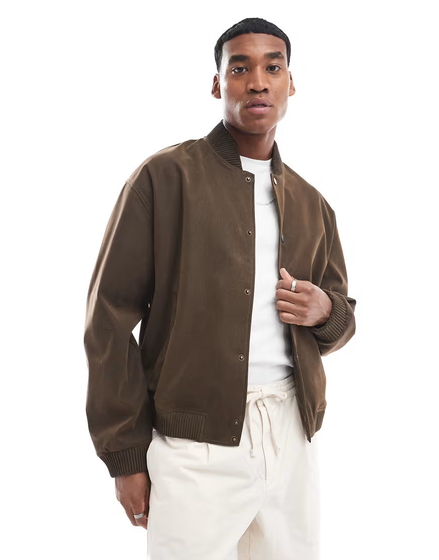 ASOS DESIGN oversized faux suede bomber jacket in brown | ASOS (Global)
