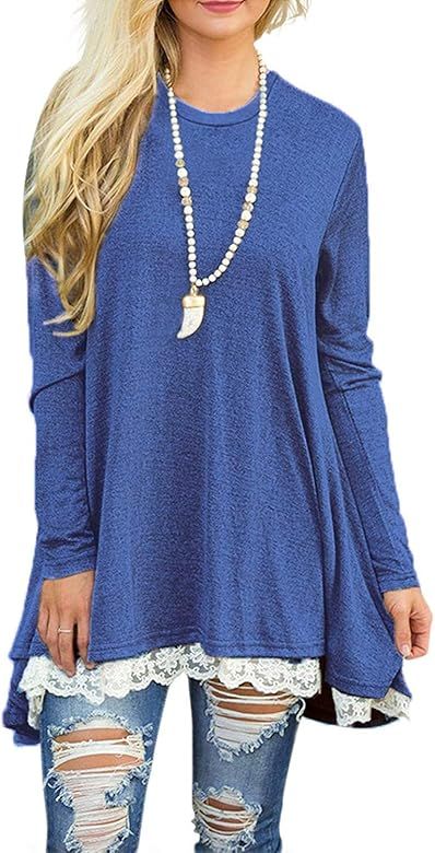 Women's Tops Long Sleeve Lace Scoop Neck A-line Tunic Blouse | Amazon (US)