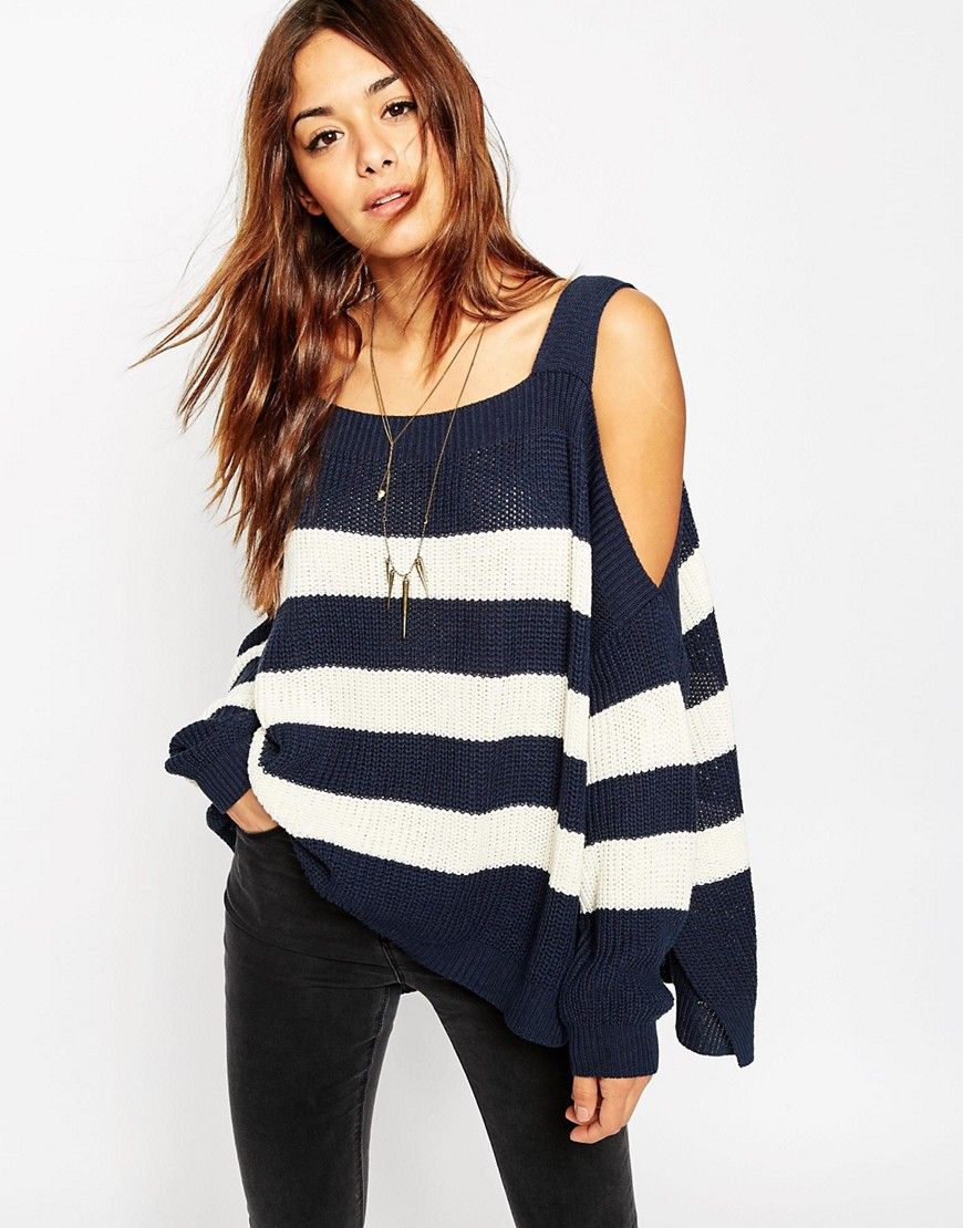 ASOS Chunky Jumper With Cold Shoulder And Side Splits in Stripe - Navy stripe | ASOS US