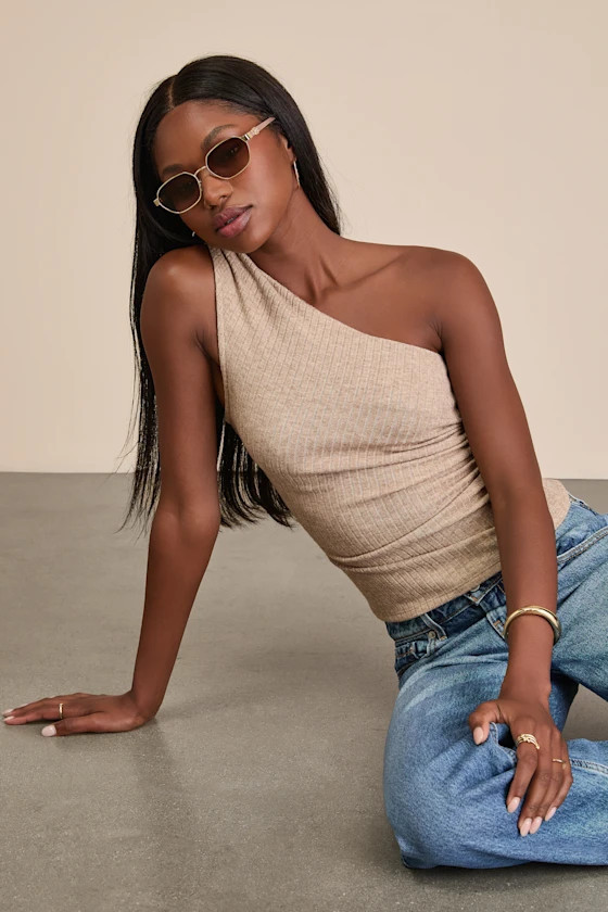 Stellara Heathered Light Brown Ribbed One-Shoulder Top | Lulus