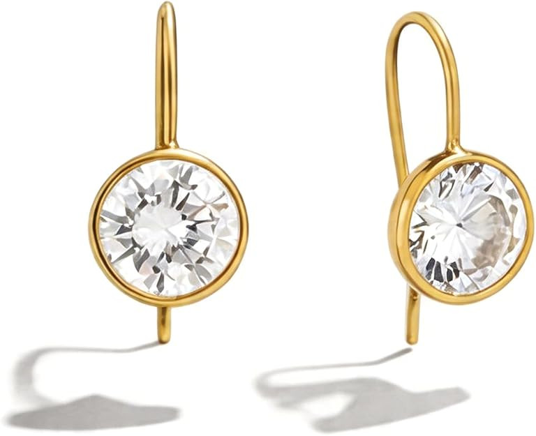 Gold Drop Earrings for Women, Round Cubic Zirconia Bezel Dangle Earring Yellow Gold Plated Medium... | Amazon (US)
