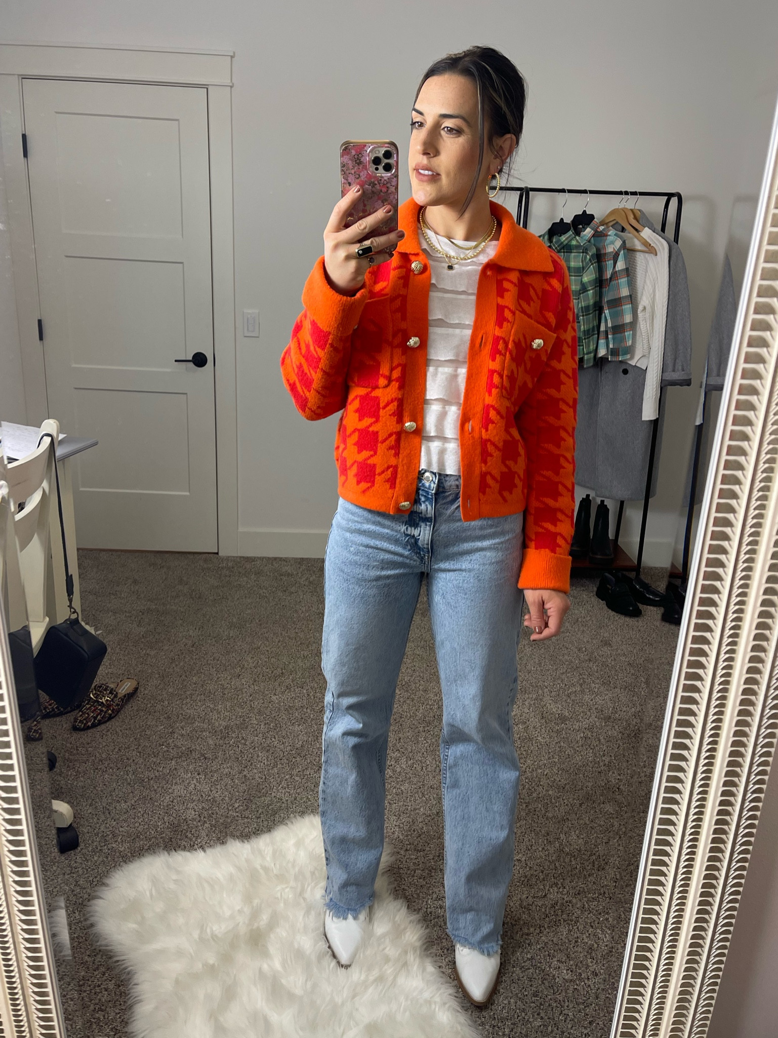 Sweater weather | houndstooth | gold hardware cardigan | red and orange | English factory | western booties | Zara style | casual chic outfit idea | what to wear today | statement piece | unique style | fashion inspiration 

#LTKworkwear #LTKstyletip #LTKshoecrush