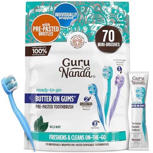 GuruNanda Mini Disposable Toothbrushes with Toothpaste & Toothpick, Prepasted Ready-to-Go Travel Toothbrush with Butter on Gums Bristles - Fluoride Free, No Rinsing, Individually Wrapped, 70 Ct | Amazon (US)