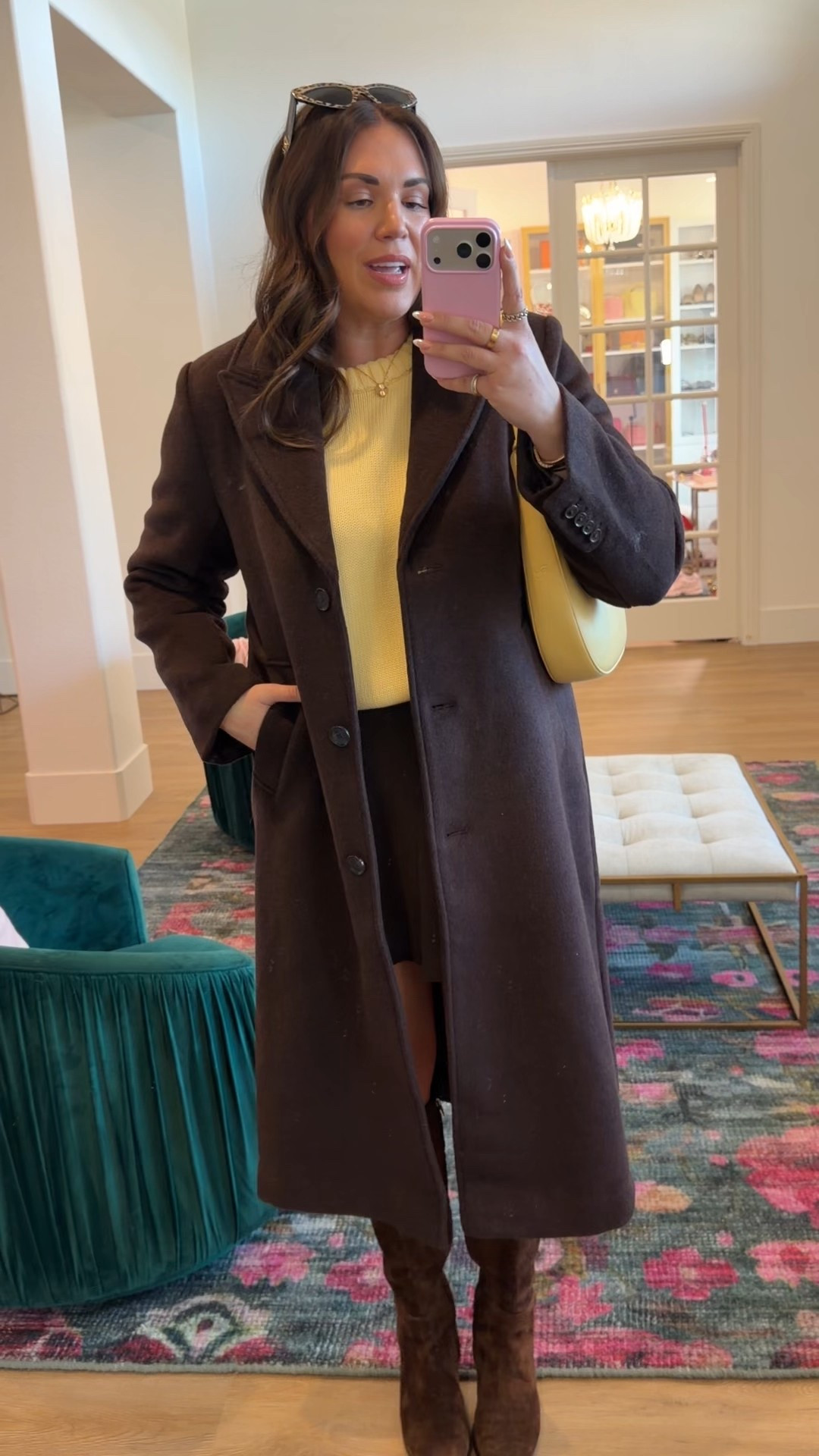 curvy midsize butter yellow and chocolate brown winter outfit! wearing size large in butter yellow sweater, size large in brown skirt, and size large in brown wool coat 

#LTKFindsUnder100 #LTKMidsize #LTKSeasonal