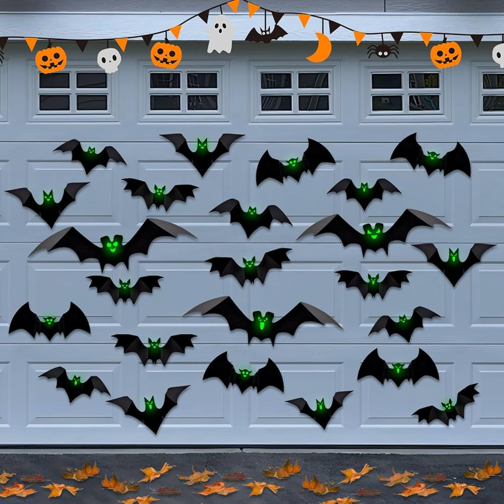 Halloween Door Decorations Magnetic Bats - 24 Pcs 3D Bat Magnets with Glowing Eye Stickers for Ga... | Amazon (US)