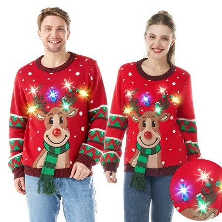 Joyfy Ugly Christmas Sweater Women, Led Light Up Ugly Sweater, Men Couples Women's Christmas Sweater with Light Bulbs, Reindeer Holiday Sweaters, Cute Funny Xmas Crewneck Knitted Pullovers 2025,M | Walmart (US)