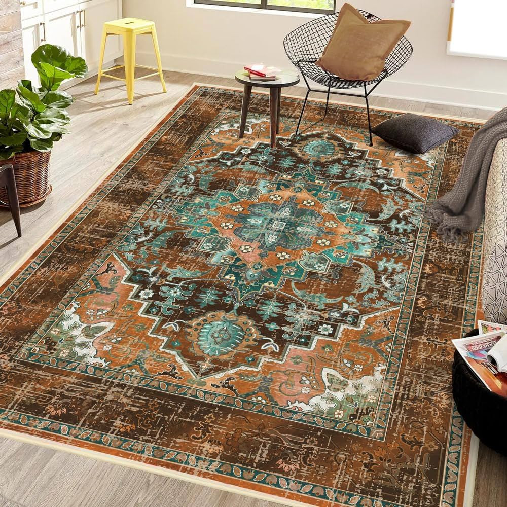 Brown Area Rug 5'×7' Washable Boho Large Rug Non-Slip Soft Oriental Vintage Carpet Living Room D... | Amazon (US)