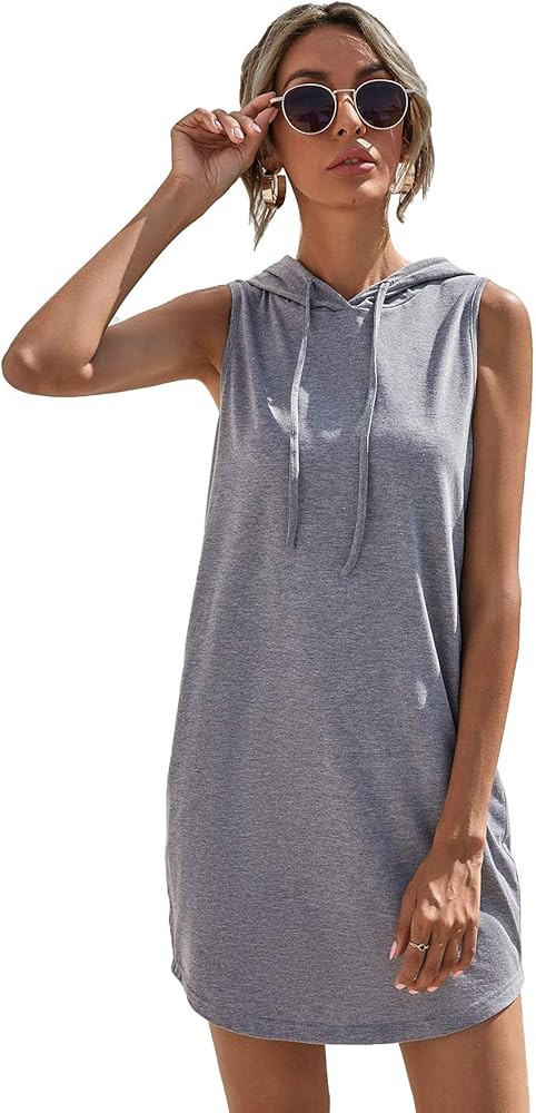 Floerns Women's Drawstring Solid Sweatshirt Dress Casual Short Sleeveless Hoodie Mini Dress | Amazon (US)