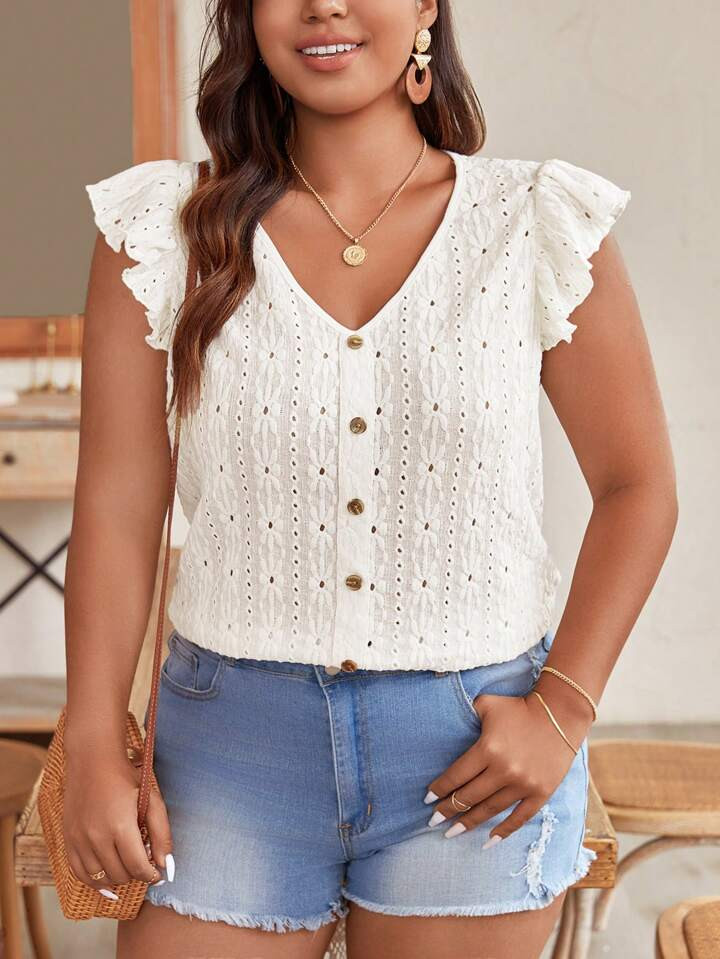 SHEIN Frenchy Ladies’ Solid Color Embroidered Cap Sleeve T-shirt | SHEIN