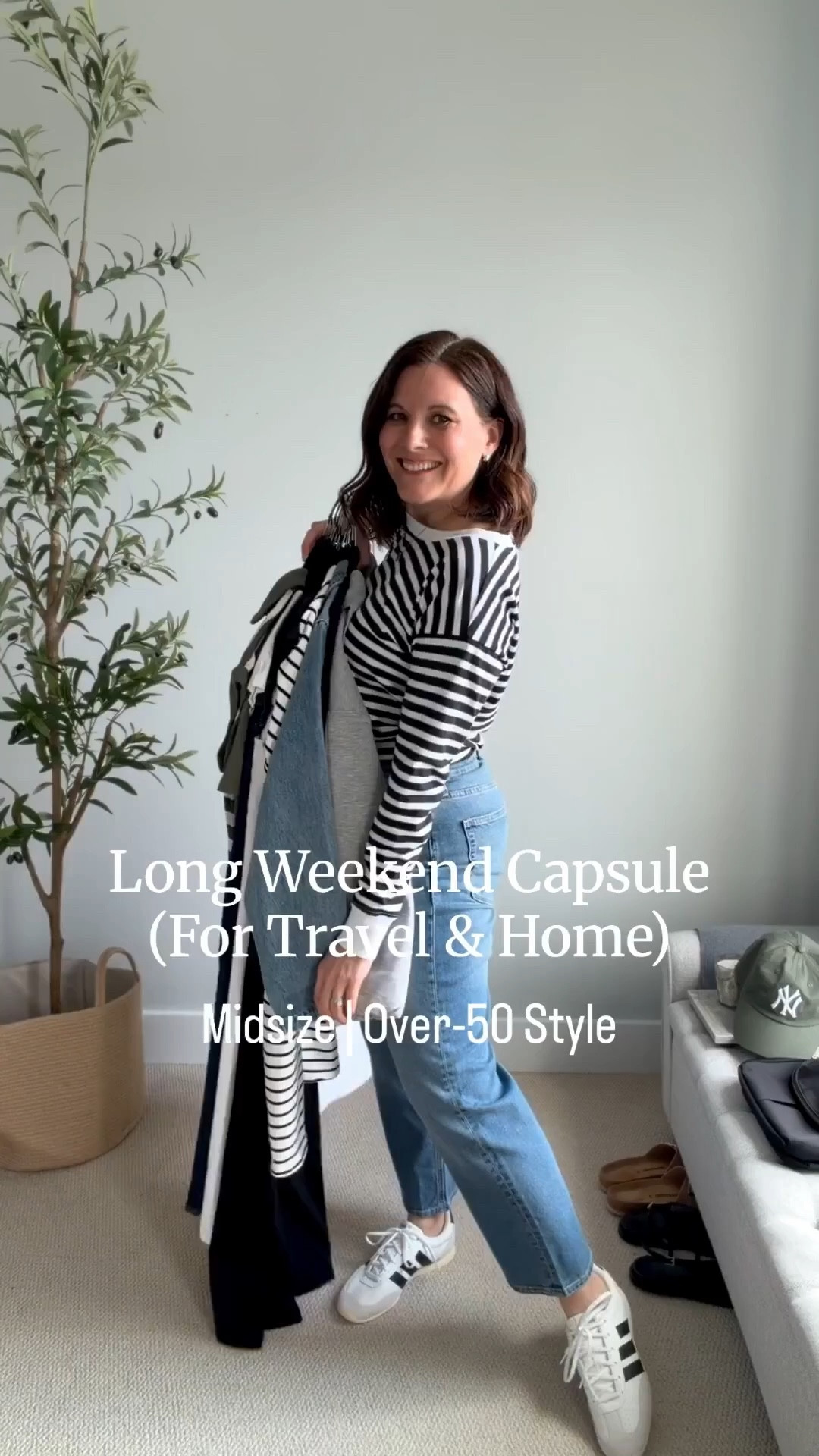 I have another capsule wardrobe for you, this time it's a long weekend capsule for travel and time at home. ⁠
⁠
Pictured on me:⁠
⁠
Black-and-white striped long-sleeve tee (similar linked). ⁠
⁠
J.Crew Factory medium wash curvy midrise straight jeans: fit true to size (TTS) and so comfy.⁠
⁠
@loft olive striped collared tee (gifted): I tried a small and XS, and prefer the XS since the v is deep. ⁠
⁠
@loft olive “New York” tee (gifted): so soft and oversized, I sized down to an XS.⁠
⁠
@loft white modern wedge tee: I prefer an XS (runs big).⁠
⁠
@loft black lace-trim satin top (gifted): has a side zip, fits TTS. I’m in a 6. ⁠
⁠
@jcrewfactory midrise curvy straight jeans: fits TTS. ⁠
⁠
@loft midrise white wide leg jeans: fit TTS. Measured inseam is 30", but the web now says 31". The most comfy white jeans.⁠
⁠
@loft black cap sleeve maxi dress: fits TTS, I’m in a small. A wardrobe staple for travel. 
⁠
Amazon Breton stripe collared dress: I wore this nonstop last year. Has pockets, hits right above the knee, A-line shape. Wear with sneakers or sandals. ⁠
⁠
@onequince denim utility jacket: a bestseller I wore nonstop last year, and I’m keeping it in rotation this year. Fits TTS (I’m in a medium).⁠
⁠
Black crewneck cardigan: this one is from @oldnavy (size up to a M or L).⁠
⁠
@oldnavy bubble hem bomber hoodie: so comfy and the perfect length for waist definition. ⁠I'm in a medium (sized up). 
⁠
@target black strappy sandals: very cushioned sole. Fits TTS. ⁠
⁠
Amazon one-strap big-buckle slides: very cushioned. Fit TTS.
⁠
@adidas white with black stripe sneakers: very cushioned, fit true to size, and under $70. My sister has them in blue. So comfy. ⁠
⁠
@onequince vinyl crossbody: so many pockets, easy to wear everywhere, perfect for travel and errands. ⁠
⁠
@onequince cognac brown crossbody: another staple bag. ⁠
⁠
@target olive NY baseball cap: perfect for game days or anytime you need easy shade.⁠

📏For reference, I’m midsized, 5’6”, slightly short-waisted, 36-B bust, and wear a small or medium top with size 10 jeans. 

 