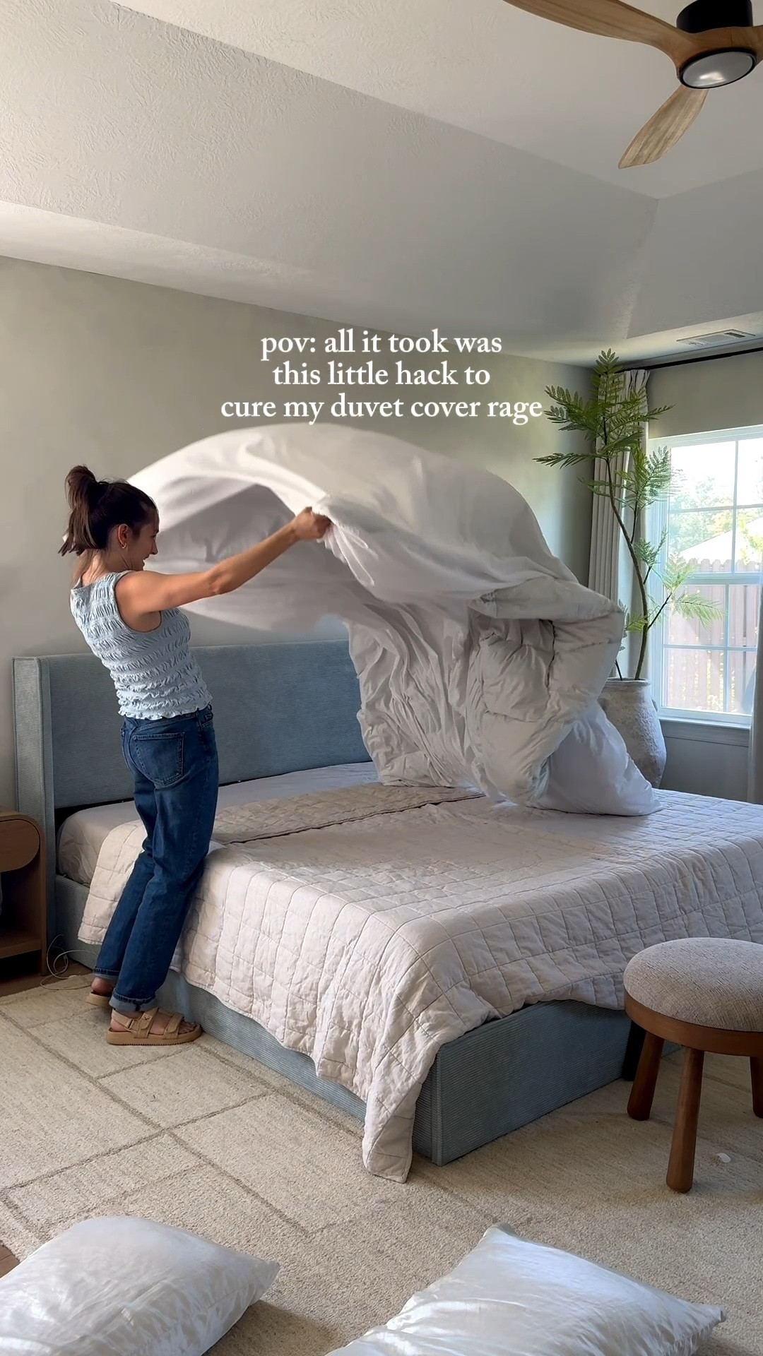 Here’s a little hack for putting a duvet cover on!!

Flip the duvet cover inside out 
Lay the duvet insert down 
Put the duvet cover on (still inside out) and tie the corners
Then pull it all through the opening at the bottom!

#LTKHome