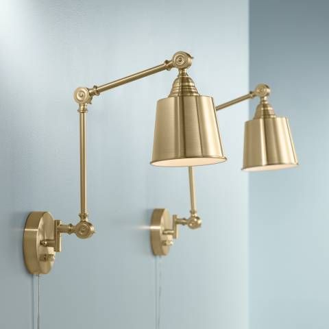 Mendes Antique Brass Down-Light Plug-In Wall Lamps Set of 2 | Lamps Plus