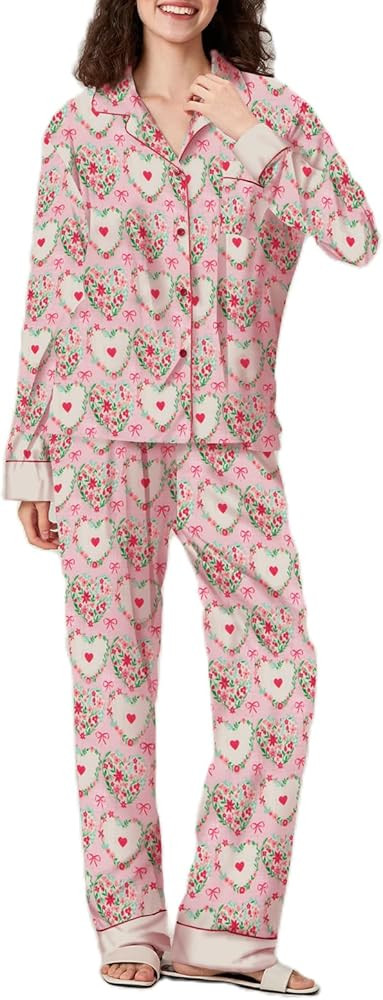 Argeousgor Women Valentine's Day Silk Satin Pajamas Set Button Down Shirt Pants Cute Heart Print ... | Amazon (US)